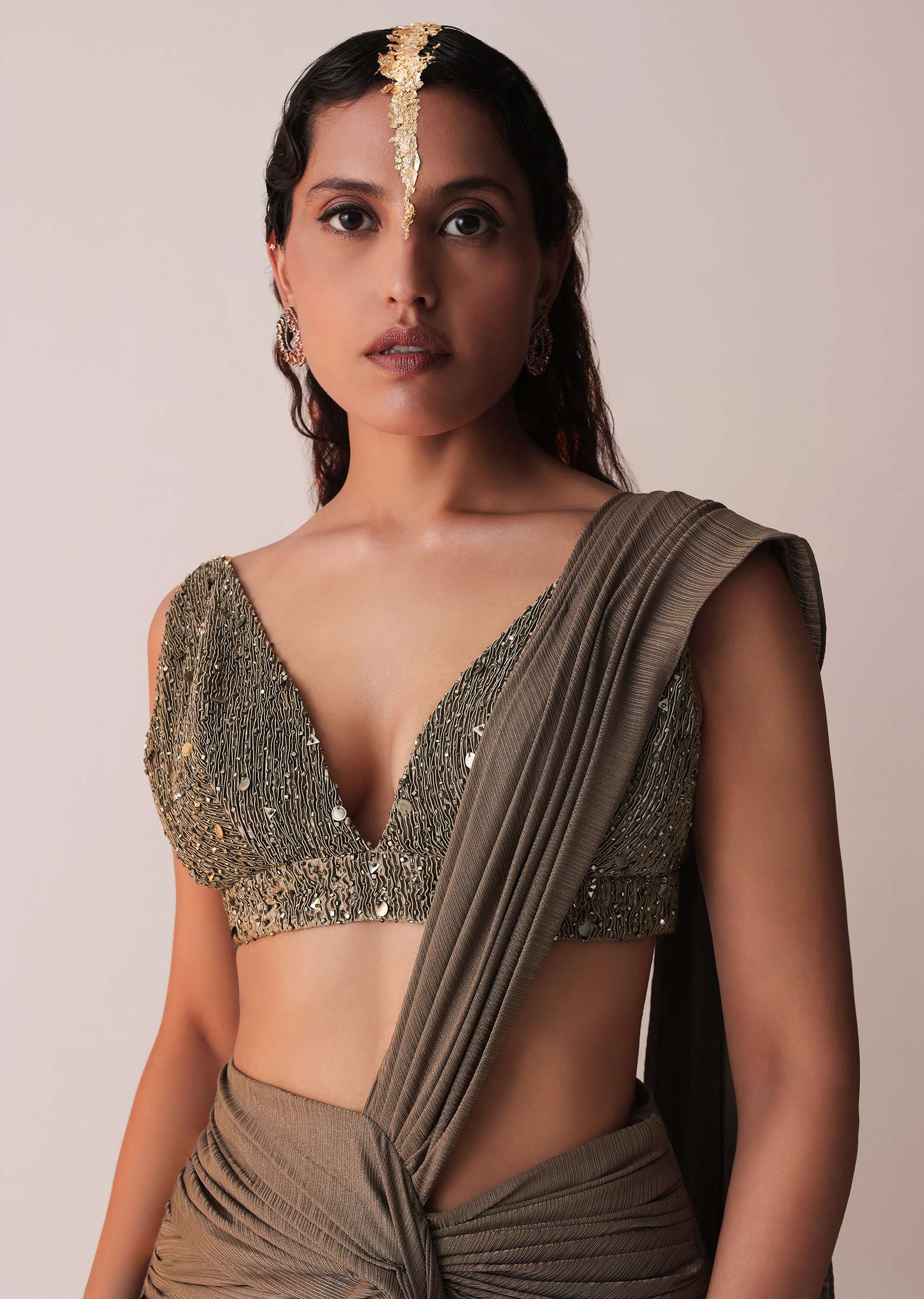 Mocha Brown Ready-To-Wear Saree With Embroidered Blouse In Knit Fabric And Pleated Satin