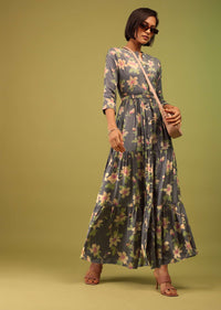 Fog Grey Tiered Dress In Cotton Silk With Multicolored Floral Print And Mock Placket Online - RE By Kalki