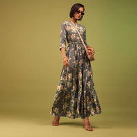 Fog Grey Tiered Dress In Cotton Silk With Multicolored Floral Print And Mock Placket Online - RE By Kalki