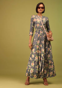 Fog Grey Tiered Dress In Cotton Silk With Multicolored Floral Print And Mock Placket Online - RE By Kalki