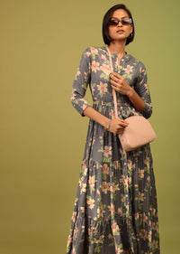 Fog Grey Tiered Dress In Cotton Silk With Multicolored Floral Print And Mock Placket Online - RE By Kalki