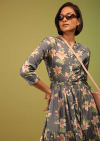 Fog Grey Tiered Dress In Cotton Silk With Multicolored Floral Print And Mock Placket Online - RE By Kalki