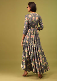 Fog Grey Tiered Dress In Cotton Silk With Multicolored Floral Print And Mock Placket Online - RE By Kalki