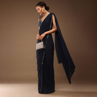 Mood Indigo Blue Ready-Pleated Saree With A Crop Top In Sequins Embroidery Corset Neckline With A Tie-Up Tassel Dori At The Back