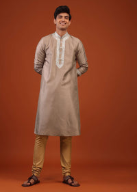 Tan Brown Gota Embroidered Silk Kurta Set