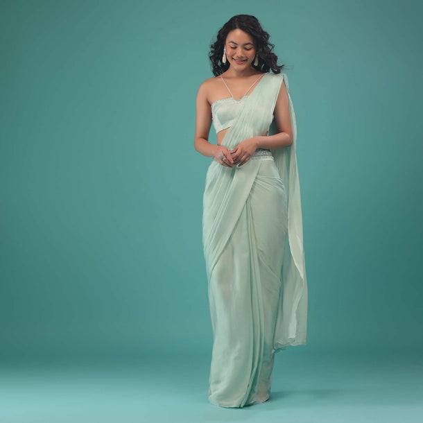 Moonlight Jade Green Pre-Pleated Saree In Satin