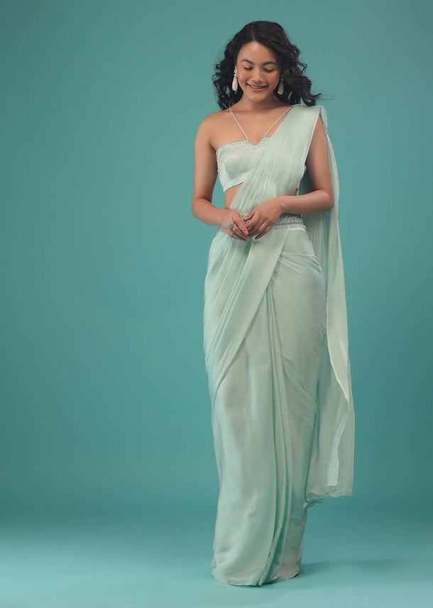 Moonlight Jade Green Pre-Pleated Saree In Satin