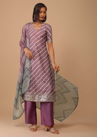 Mauve Purple Embroidered Leheriya Printed Cotton Palazzo Suit With Printed Dupatta