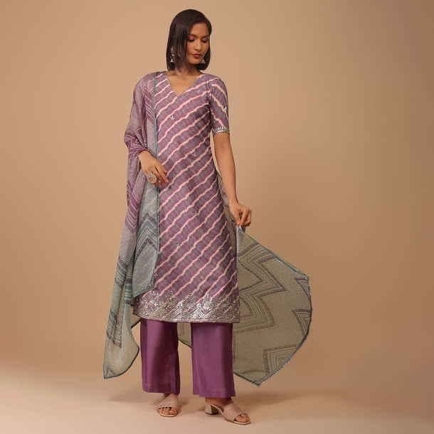 Mauve Purple Embroidered Leheriya Printed Cotton Palazzo Suit With Printed Dupatta