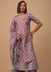 Mauve Purple Embroidered Leheriya Printed Cotton Palazzo Suit With Printed Dupatta