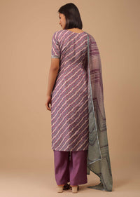 Mauve Purple Embroidered Leheriya Printed Cotton Palazzo Suit With Printed Dupatta