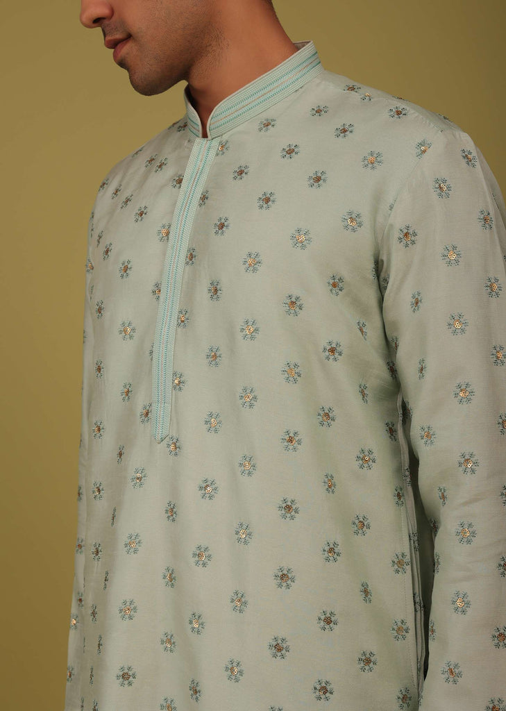 Powder Blue Printed Tussar Silk Kurta Set With Sequins