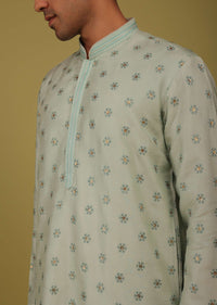 Powder Blue Printed Tussar Silk Kurta Set With Sequins