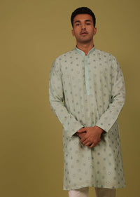 Powder Blue Printed Tussar Silk Kurta Set With Sequins