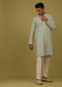 Powder Blue Printed Tussar Silk Kurta Set With Sequins