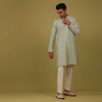 Powder Blue Printed Tussar Silk Kurta Set With Sequins