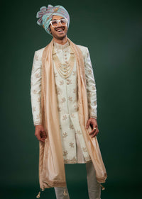 Off White Thread Embroidered Sherwani Set In Silk