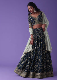 Moroccan Blue Georgette Lehenga With Zari And Sequins Embroidery