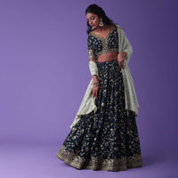 Moroccan Blue Georgette Lehenga With Zari And Sequins Embroidery