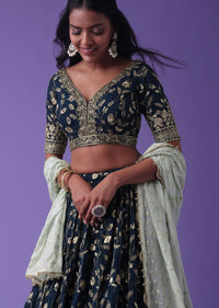 Moroccan Blue Georgette Lehenga With Zari And Sequins Embroidery
