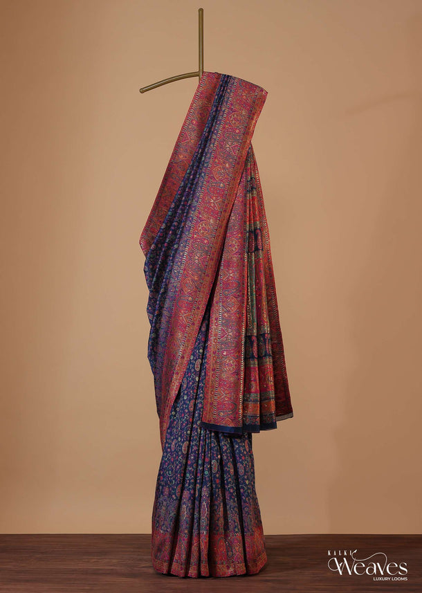 Persian Blue Handloom Pashmina Saree In Cotton Silk With An Unstitched Blouse