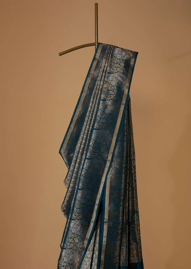 Persian Blue Kanjivaram Saree In Pure Uppada Silk With Unstitched Blouse