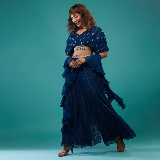 Persian Blue Hand-Embroidered Palazzo Crop-Top Set In Georgette