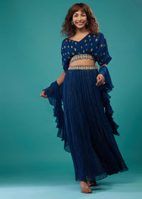 Persian Blue Hand-Embroidered Palazzo Crop-Top Set In Georgette