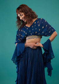 Persian Blue Hand-Embroidered Palazzo Crop-Top Set In Georgette