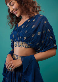 Persian Blue Hand-Embroidered Palazzo Crop-Top Set In Georgette