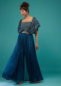 Persian Blue Hand-Embroidered Palazzo Crop-Top Set In Chinon