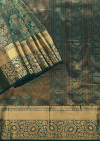 Peacock Blue Kanjivaram Saree In Pure Uppada Silk With Zari Weave And Unstitched Blouse