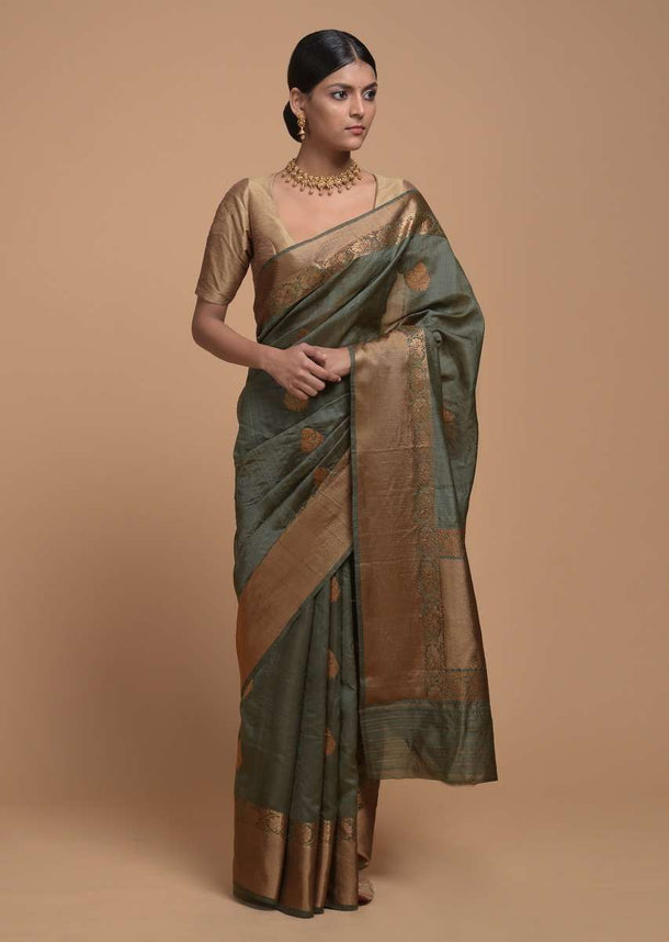 Moss Green Pure Handloom Saree In Tussar Silk With Woven Floral Buttis Online - Kalki Fashion