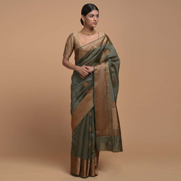 Moss Green Pure Handloom Saree In Tussar Silk With Woven Floral Buttis Online - Kalki Fashion