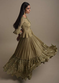 Moss Green Skirt And Peplum Top With Mirror Abla Embroidery And Zigzag Cut Hem