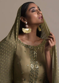 Moss Green Skirt And Peplum Top With Mirror Abla Embroidery And Zigzag Cut Hem