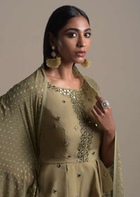 Moss Green Skirt And Peplum Top With Mirror Abla Embroidery And Zigzag Cut Hem