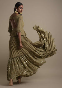 Moss Green Skirt And Peplum Top With Mirror Abla Embroidery And Zigzag Cut Hem