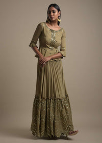 Moss Green Skirt And Peplum Top With Mirror Abla Embroidery And Zigzag Cut Hem