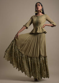 Moss Green Skirt And Peplum Top With Mirror Abla Embroidery And Zigzag Cut Hem