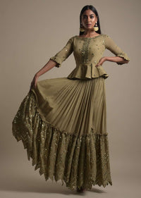 Moss Green Skirt And Peplum Top With Mirror Abla Embroidery And Zigzag Cut Hem