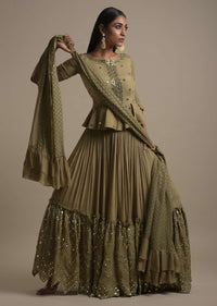 Moss Green Skirt And Peplum Top With Mirror Abla Embroidery And Zigzag Cut Hem