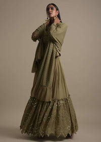 Moss Green Skirt And Peplum Top With Mirror Abla Embroidery And Zigzag Cut Hem