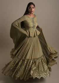 Moss Green Skirt And Peplum Top With Mirror Abla Embroidery And Zigzag Cut Hem
