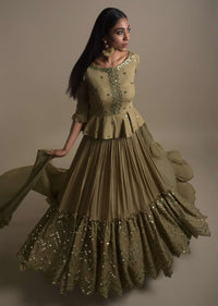 Moss Green Skirt And Peplum Top With Mirror Abla Embroidery And Zigzag Cut Hem
