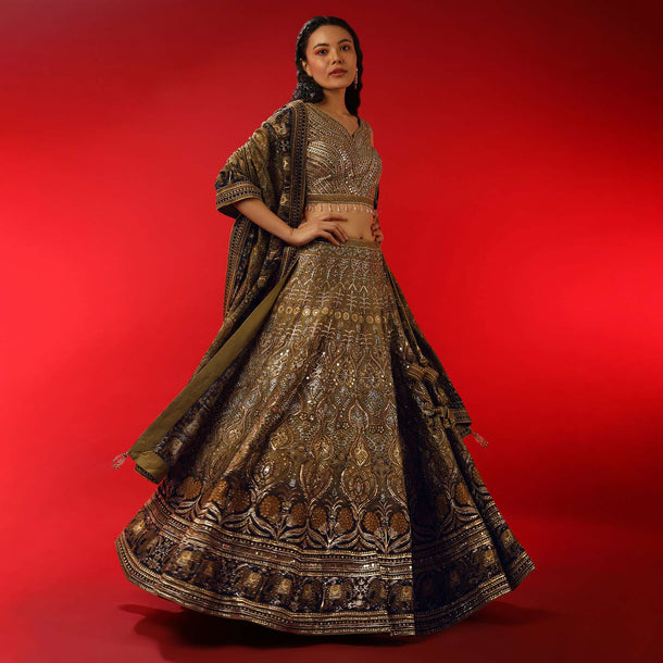 Moss Green And Navy Blue Ombre Lehenga Choli With Mirror Work And Moroccan Print