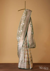 Moss Green Embroidered Banarasi Saree With Gold And Silver Floral Weave In Tissue Organza