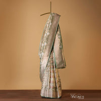 Moss Green Embroidered Banarasi Saree With Gold And Silver Floral Weave In Tissue Organza