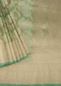 Moss Green Embroidered Banarasi Saree With Gold And Silver Floral Weave In Tissue Organza