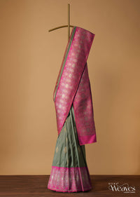 Moss Green Embroidered Uppada Silk Saree With Antique Zari And Threadwork